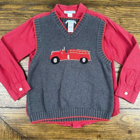 Janie and Jack Fire Truck Sweater Vest and Shirt - Picture 1 of 6